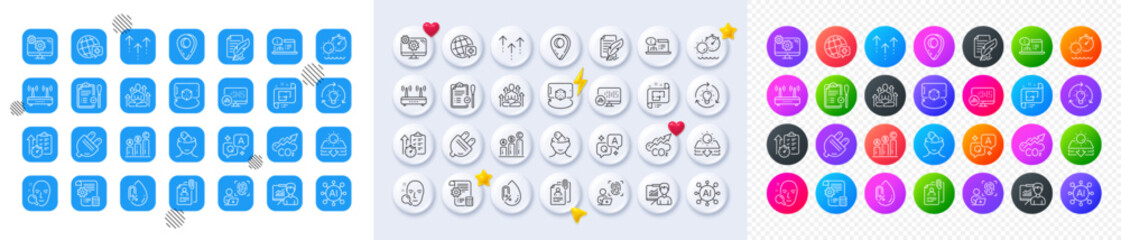 Tanning time, Face search and Electric plug line icons. Square, Gradient, Pin 3d buttons. AI, QA and map pin icons. Pack of Presentation, Online documentation, World medicine icon. Vector