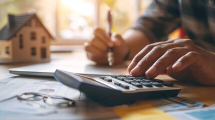 Pressing calculators, hand plans home refinance. House model, buy or rent, calculators on desk. Saving for property purchase, optimal mortgage payment. Tax, credit analysis for financial planning.