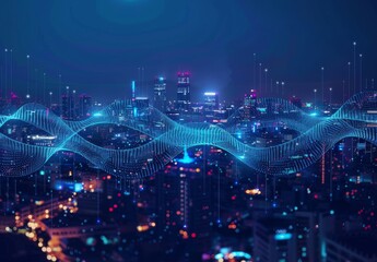 Obraz premium Fusing smart city and big data via digital antennas atop cityscape, merging technology and urban landscape.