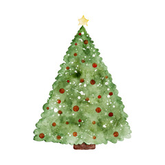 Watercolor Christmas tree decorated red ball garland, vector isolated on white
