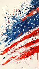 A painting depicting the American flag with colorful paint splatters. Vertical poster with copy space