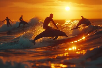 a luxury surf experience with surfers riding alongside dolphins at sunset