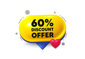 Offer speech bubble 3d icon. 60 percent discount tag. Sale offer price sign. Special offer symbol. Discount chat offer. Speech bubble love banner. Text box balloon. Vector