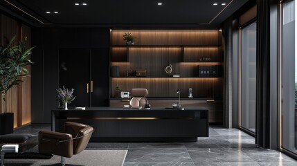 Fototapeta premium Modern Office With Black Walls and Desk