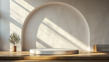 Stylish empty podium in an art gallery with natural sunlight casting dramatic shadows, in a minimalist 3D rendering