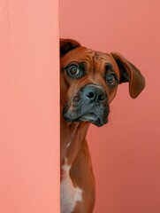 A beaming boxer dog peeking from behind a sapphire banner, isolated on a pastel rose background