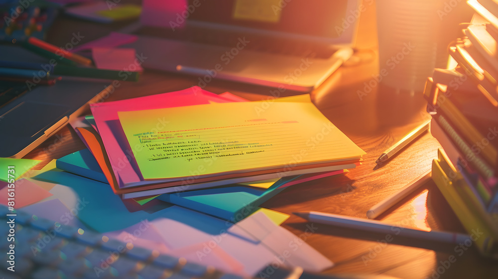 Poster Colored paper with important message lying desk near keyboard Main information written on notebook School supplies Multiple Assorted Collection Office Stationery : Generative AI