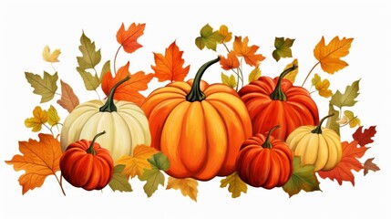A festive depiction of pumpkins in various sizes amidst a collection of colorful autumn leaves, evoking the harvest season