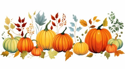A cheerful horizontal array of assorted pumpkins and colorful leaves suggesting the bounty and beauty of the fall season