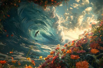 a surfer emerging from a wave tunnel, the beach lined with exotic flowers - Powered by Adobe