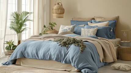 Blue Comforter and Pillows in a Bedroom