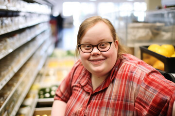 Young woman with Down syndrome working in small grocery store, looking joyful and smiling. Happy woman with intellectual disability working as warehouse worker, saleswoman, sales assistant