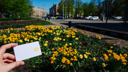 A person holding a credit card in front of a field of yellow flowers