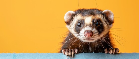 Peeking behind a sky blue banner, a happy ferret stands out against a pastel orange backdrop