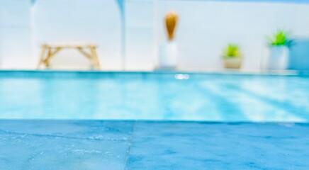 Empty White Marble Tabletop with Blurred Swimming Pool at Tropical Resort in Summer - Banner...