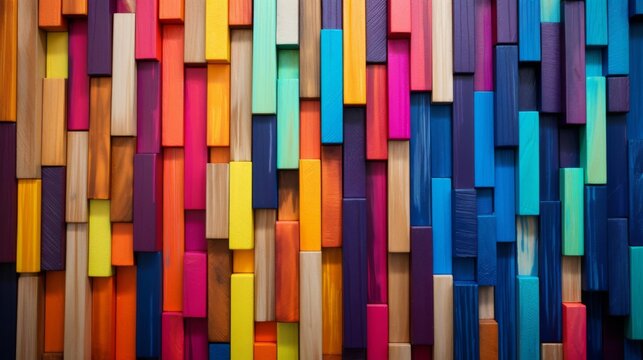 A contemporary abstract pattern with colorful wood paneling in various shades and vibrancy