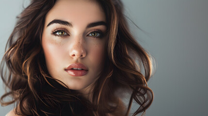Fototapeta premium Fashion portrait of awesome brunette woman with bright makeup and wavy hair Empty space : Generative AI