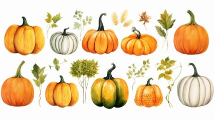 A collection of watercolor painted pumpkins and autumn leaves capturing the essence of the fall season