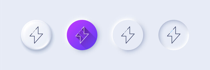 Energy line icon. Neumorphic, Purple gradient, 3d pin buttons. Thunderbolt sign. Electric power symbol. Line icons. Neumorphic buttons with outline signs. Vector