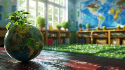 3d modelVisualize a classroom where students are learning about environmental conservation and sustainability, emphasizing the importance of education for Earth Day.space for text