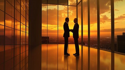 Businessmen Handshake at Sunset, Silhouette in Modern Office