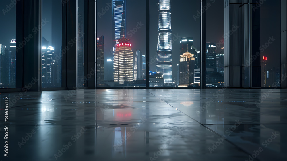 Poster empty square floor and wall building with city skyline in shanghai at night china : generative ai
