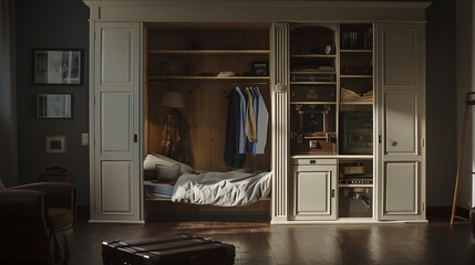 Room with old cabinets with a pulldown bed and lightcolored shelves a wardrobe with a trunk and dark parquet floors : Generative AI