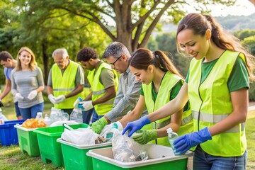 Fototapeta premium A group of people are sorting through trash in a park