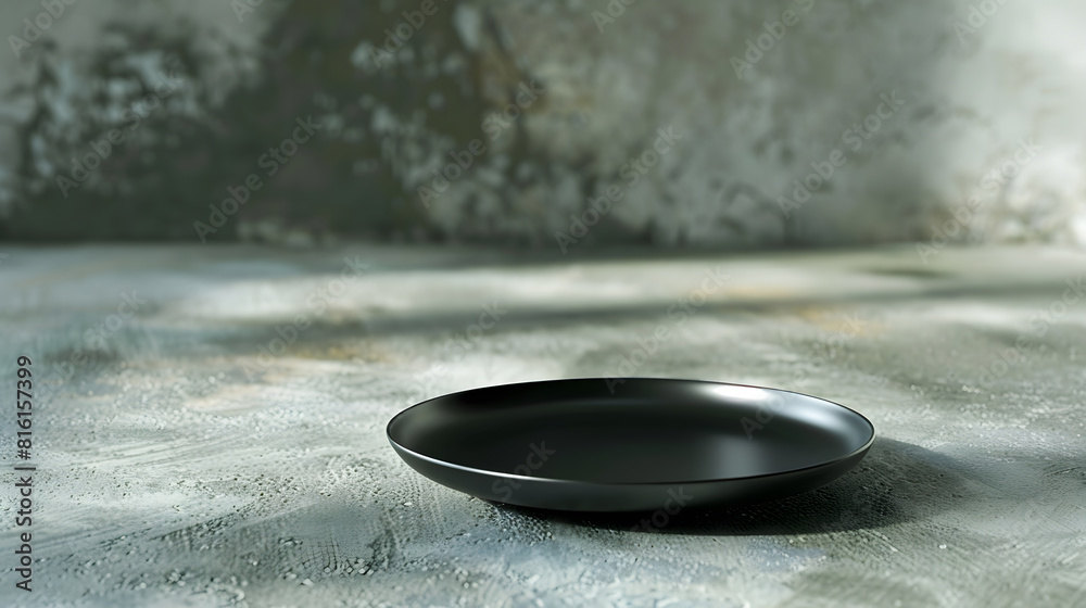 Poster Perspective view of empty black plate on cement background Empty space for your design : Generative AI
