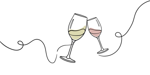 Continuous line champagne cheers one line art, continuous drawing contour.Toasting with wine glasses with drinks. Cheers toast festive decoration for holidays. Vector illustration	