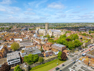 The drone aerial view of Canterbury Cathedral the city.  Christ Church Cathedral, Canterbury, is...