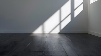 Perspective of the sun light cast the shadow on white empty room and dark laminate wood floorclassic interior styleblank space architecture : Generative AI