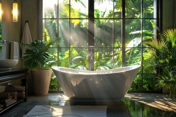 Bathroom oasis in a tropical paradise with large windows and lush greeneryphoto realistic, natural lighting, high resolution photography
