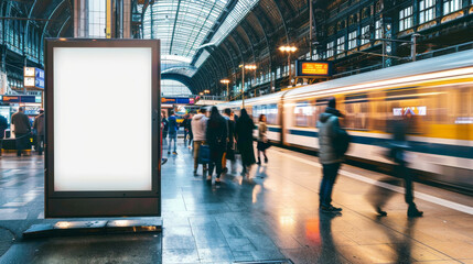 A blank white billboard at the train station. A mockup of an empty advertising poster on display, set against the backdrop of busy people and moving