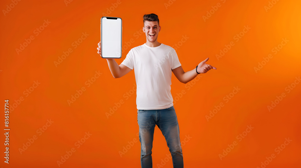 Poster Mobile App Advertisement Full Body Length Of Happy Man Leaning And Pointing At Big Huge White Empty Smartphone Screen Standing On Orange Studio Background Check This Out Cellphone Disp : Generative AI