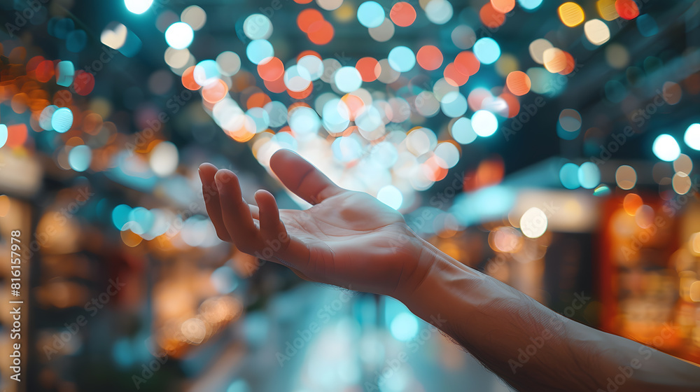 Aufkleber Man hand with abstract blurred image of department store background : Generative AI