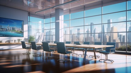 This image captures a sunlit corporate boardroom with blue chairs and a city skyline in the background