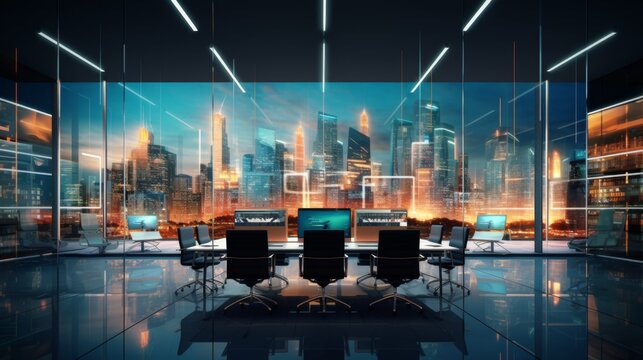 A cutting-edge design of an office space enclosed in glass with vibrant neon lights reflecting on glossy floors