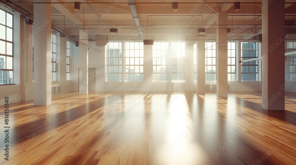 Poster a spacious empty hall with columns and large windows a gym with wooden floors for yoga and fitness c