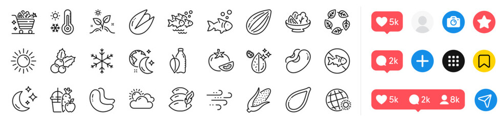 World weather, Sleep and Pillow line icons pack. Social media icons. Vegetables cart, Sunny weather, Organic tested web icon. Water bottle, Juice, Pumpkin seed pictogram. Fish, Snowflake, Moon. Vector