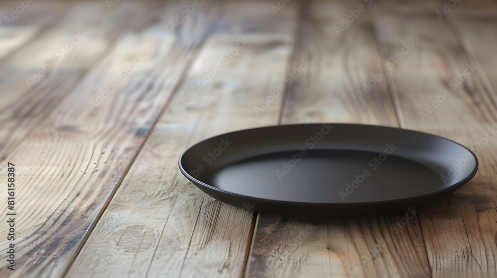 Poster Perspective view of empty black plate on wooden background Empty space for your design : Generative AI
