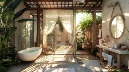 Fototapeta premium Character Design of Bathroom with a canopy to provide shade and a cool breeze in hot weather,soft afternoon light,