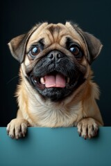 Obraz premium Gleeful pug peeking from behind a violet banner, isolated on a pastel turquoise background