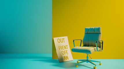 Business chair with out of office sign concept for vacation holiday lunch break or work life balance : Generative AI