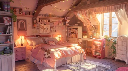Interior of modern stylish light pink bedroom. The room exudes a calming ambiance with its light pink color scheme and contemporary furnishings, ideal for a peaceful slumber.