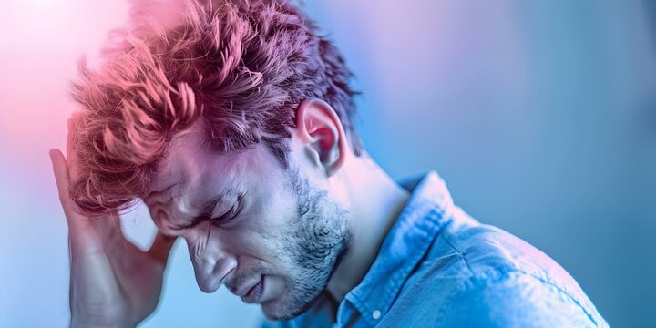 Man experiencing physical discomfort while clutching his head. Concept Headache, Pain, Discomfort, Symptoms, Health