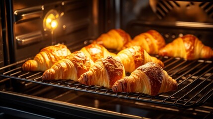 Freshly-baked, golden-brown croissants inside a modern oven, with a glow suggesting warmth and delicious taste