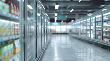 Empty supermarket aisle with freezers showcases with different products : Generative AI