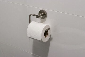 Close up of a white toilet paper roll hanging on a modern chrome holder in bathroom