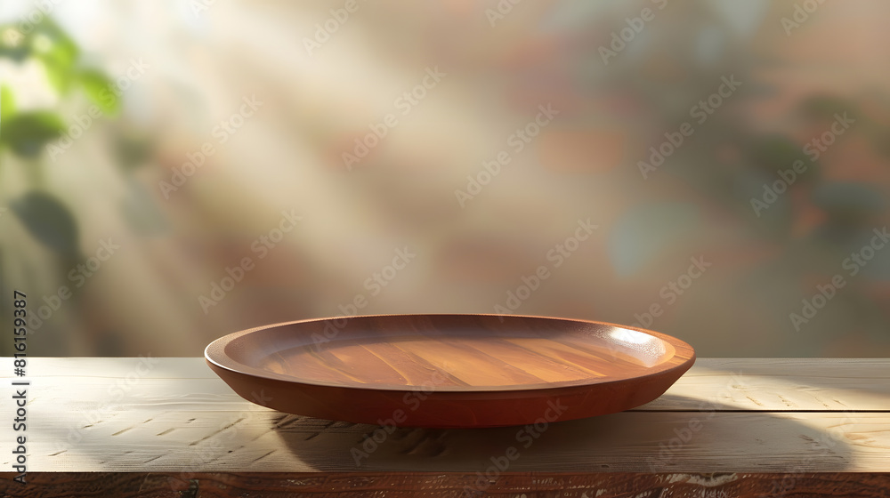Aufkleber empty wooden plate on wood table soft blurry background of free space for your copy and branding use